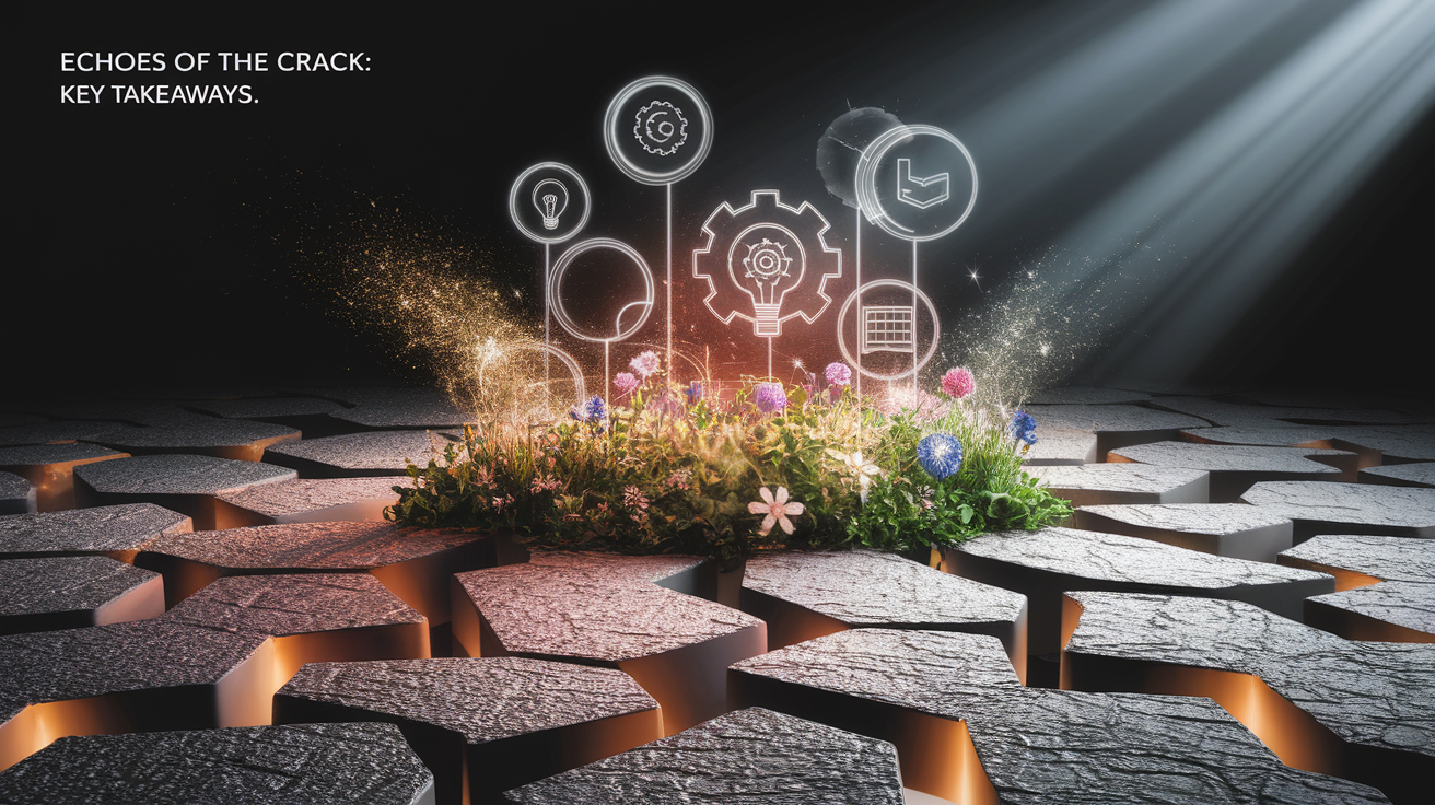A conceptual illustration representing Echoes of the Crack: Key Takeaways. Visualize the main ideas: . Creative but clear representation of the concept. Style: photorealistic. high quality, detailed, professional, clean composition, good lighting, sharp focus, well-composed. high quality, professional, detailed, well-composed