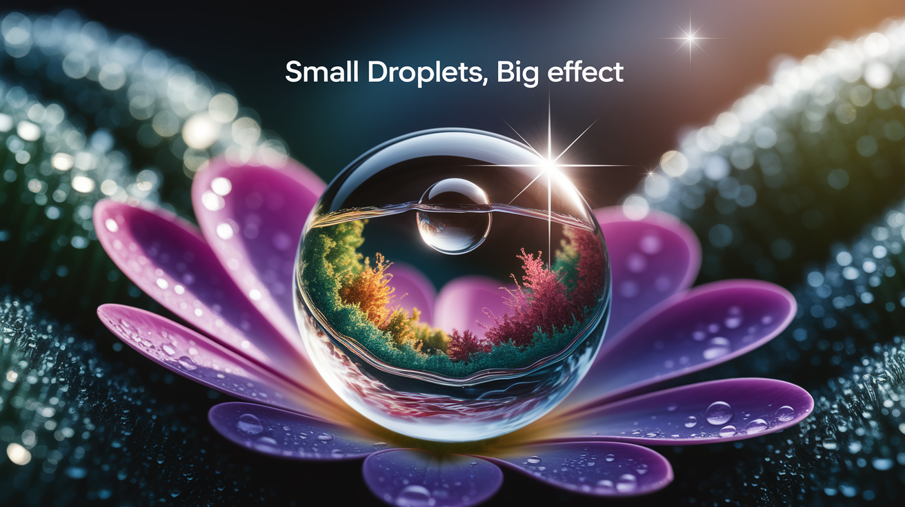 A conceptual illustration representing Small Droplets, Big Effect. Visualize the main ideas: . Creative but clear representation of the concept. Style: photorealistic. high quality, detailed, professional, clean composition, good lighting, sharp focus, well-composed. high quality, professional, detailed, well-composed