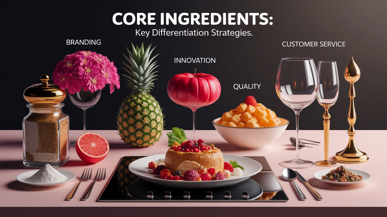 A conceptual illustration representing Core Ingredients: Key Differentiation Strategies. Visualize the main ideas: . Creative but clear representation of the concept. Style: photorealistic. high quality, detailed, professional, clean composition, good lighting, sharp focus, well-composed. high quality, professional, detailed, well-composed