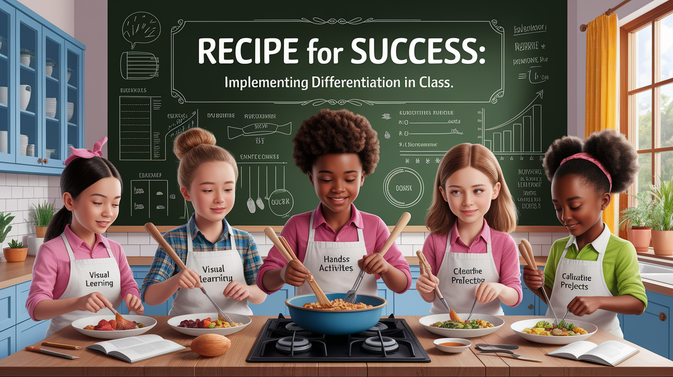 A conceptual illustration representing Recipe for Success: Implementing Differentiation in Class. Visualize the main ideas: . Creative but clear representation of the concept. Style: photorealistic. high quality, detailed, professional, clean composition, good lighting, sharp focus, well-composed. high quality, professional, detailed, well-composed