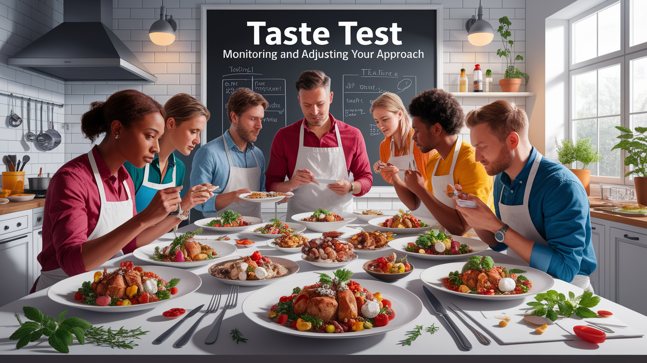A conceptual illustration representing Taste Test: Monitoring and Adjusting Your Approach. Visualize the main ideas: . Creative but clear representation of the concept. Style: photorealistic. high quality, detailed, professional, clean composition, good lighting, sharp focus, well-composed. high quality, professional, detailed, well-composed