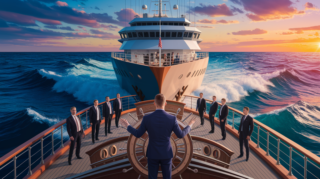 A conceptual illustration representing Steering Your Executive Ship. Visualize the main ideas: . Creative but clear representation of the concept. Style: photorealistic. high quality, detailed, professional, clean composition, good lighting, sharp focus, well-composed. high quality, professional, detailed, well-composed