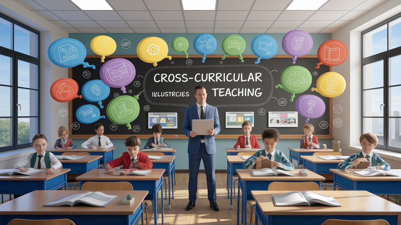 A conceptual illustration representing Core Strategies for Cross-Curricular Teaching. Visualize the main ideas: . Creative but clear representation of the concept. Style: photorealistic. high quality, detailed, professional, clean composition, good lighting, sharp focus, well-composed. high quality, professional, detailed, well-composed