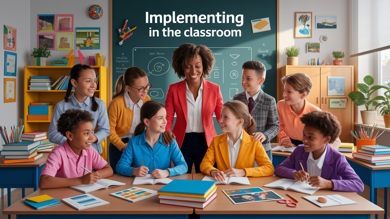 A conceptual illustration representing Implementing in the Classroom. Visualize the main ideas: . Creative but clear representation of the concept. Style: photorealistic. high quality, detailed, professional, clean composition, good lighting, sharp focus, well-composed. high quality, professional, detailed, well-composed