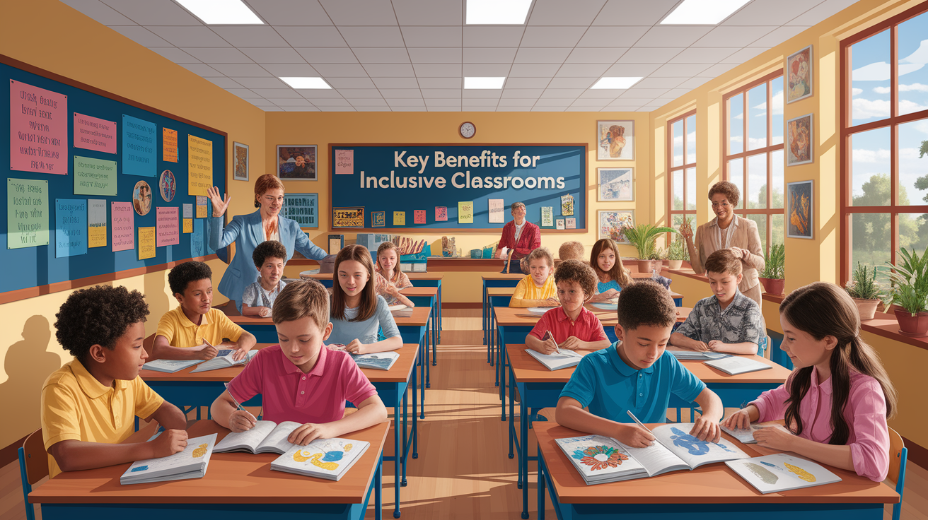 A conceptual illustration representing Key Benefits for Inclusive Classrooms. Visualize the main ideas: . Creative but clear representation of the concept. Style: photorealistic. high quality, detailed, professional, clean composition, good lighting, sharp focus, well-composed. high quality, professional, detailed, well-composed