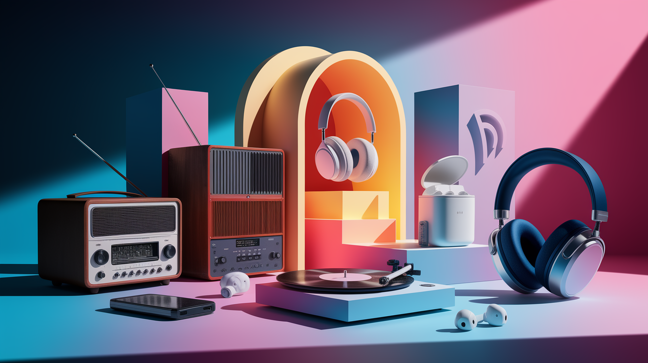 A conceptual illustration representing The Evolution of Quieter Listening. Visualize the main ideas: . Creative but clear representation of the concept. Style: photorealistic. high quality, detailed, professional, clean composition, good lighting, sharp focus, well-composed. high quality, professional, detailed, well-composed