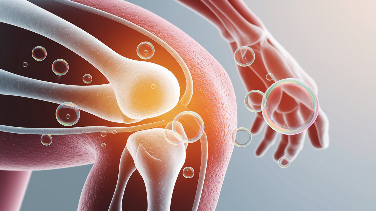 A conceptual illustration representing The Bubble Effect Inside Your Joints. Visualize the main ideas: . Creative but clear representation of the concept. Style: photorealistic. high quality, detailed, professional, clean composition, good lighting, sharp focus, well-composed. high quality, professional, detailed, well-composed
