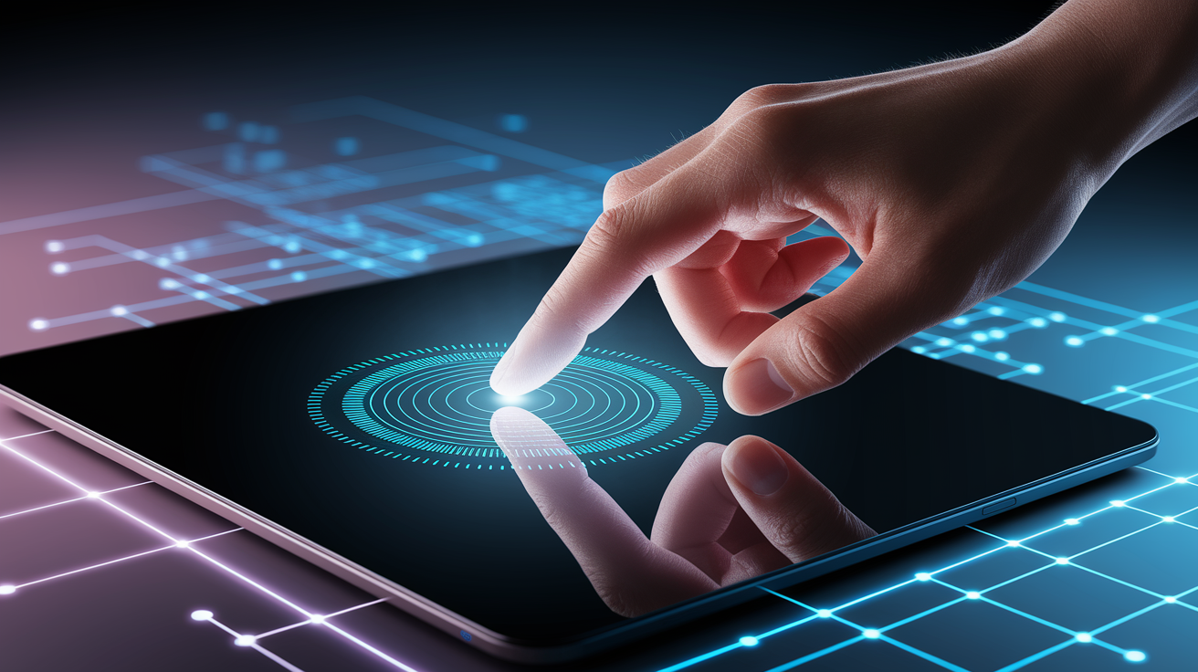 A conceptual illustration representing The First Touch: How Screens Feel Your Finger. Visualize the main ideas: . Creative but clear representation of the concept. Style: photorealistic. high quality, detailed, professional, clean composition, good lighting, sharp focus, well-composed. high quality, professional, detailed, well-composed
