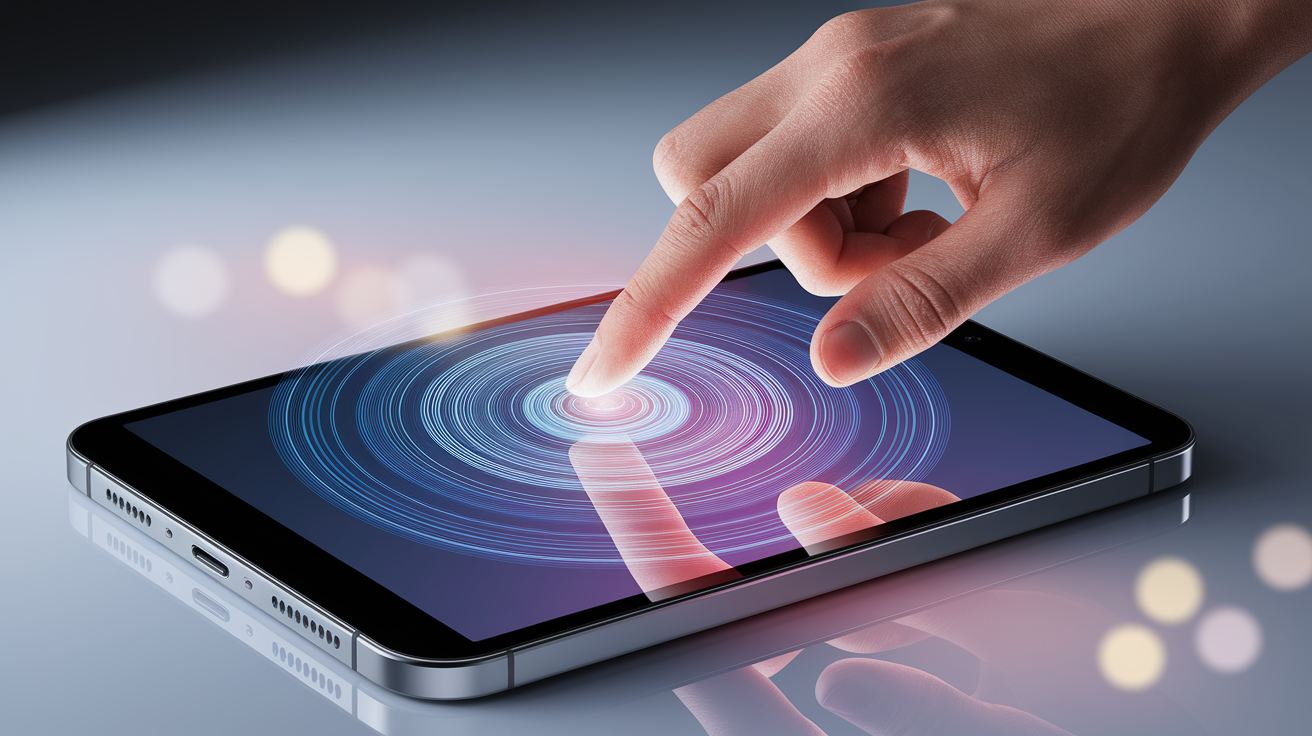 A conceptual illustration representing Resistive Touchscreens: Pressure-Driven Contacts. Visualize the main ideas: . Creative but clear representation of the concept. Style: photorealistic. high quality, detailed, professional, clean composition, good lighting, sharp focus, well-composed. high quality, professional, detailed, well-composed