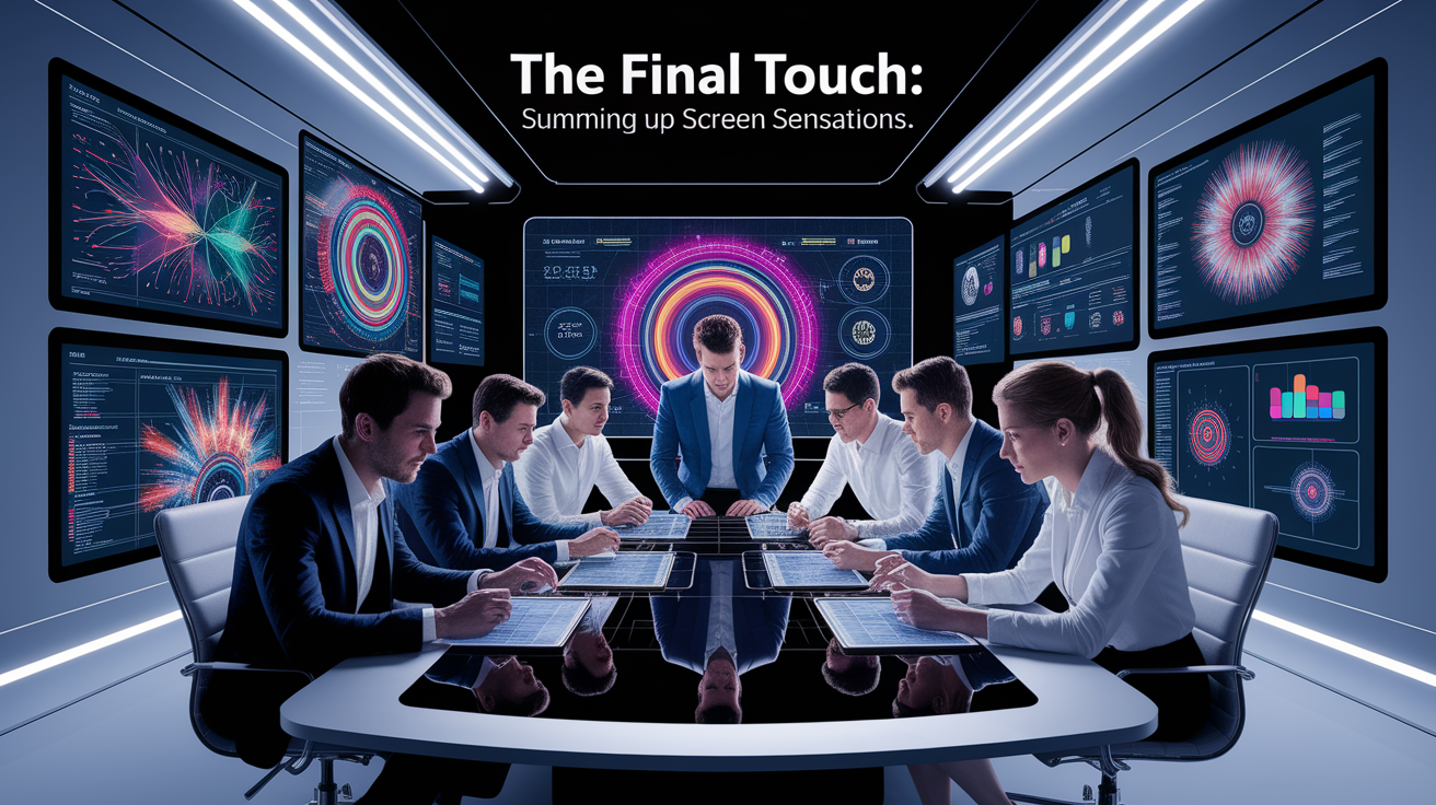 A conceptual illustration representing The Final Touch: Summing Up Screen Sensations. Visualize the main ideas: . Creative but clear representation of the concept. Style: photorealistic. high quality, detailed, professional, clean composition, good lighting, sharp focus, well-composed. high quality, professional, detailed, well-composed
