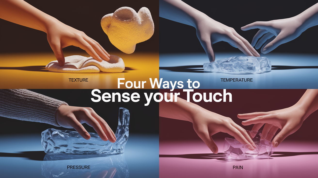 A conceptual illustration representing Four Ways to Sense Your Touch. Visualize the main ideas: . Creative but clear representation of the concept. Style: photorealistic. high quality, detailed, professional, clean composition, good lighting, sharp focus, well-composed. high quality, professional, detailed, well-composed