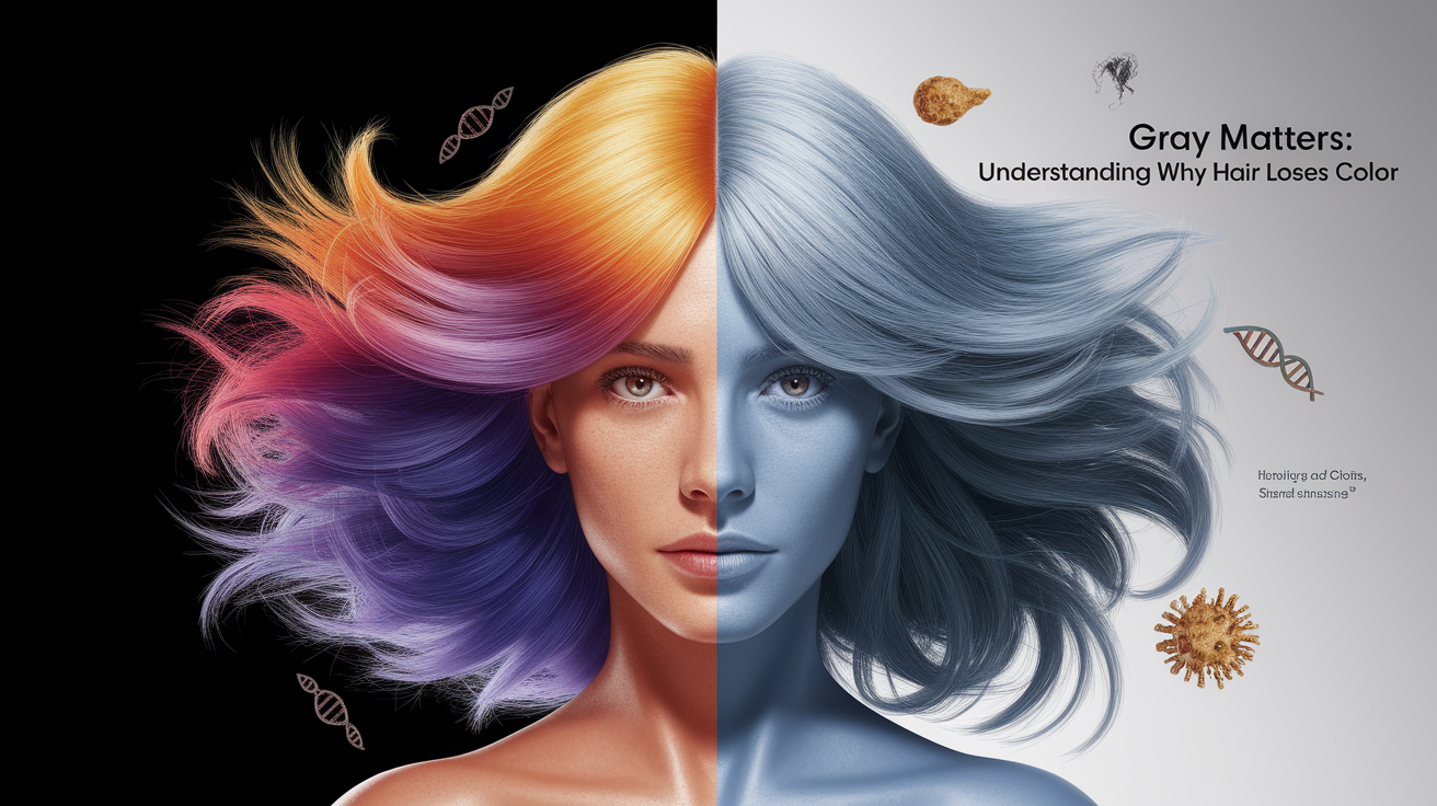A conceptual illustration representing Gray Matters: Understanding Why Hair Loses Color. Visualize the main ideas: . Creative but clear representation of the concept. Style: photorealistic. high quality, detailed, professional, clean composition, good lighting, sharp focus, well-composed. high quality, professional, detailed, well-composed