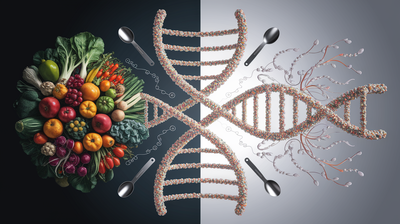 A conceptual illustration representing Genetics and Nutrition: Predetermined and Modifiable Factors. Visualize the main ideas: . Creative but clear representation of the concept. Style: photorealistic. high quality, detailed, professional, clean composition, good lighting, sharp focus, well-composed. high quality, professional, detailed, well-composed