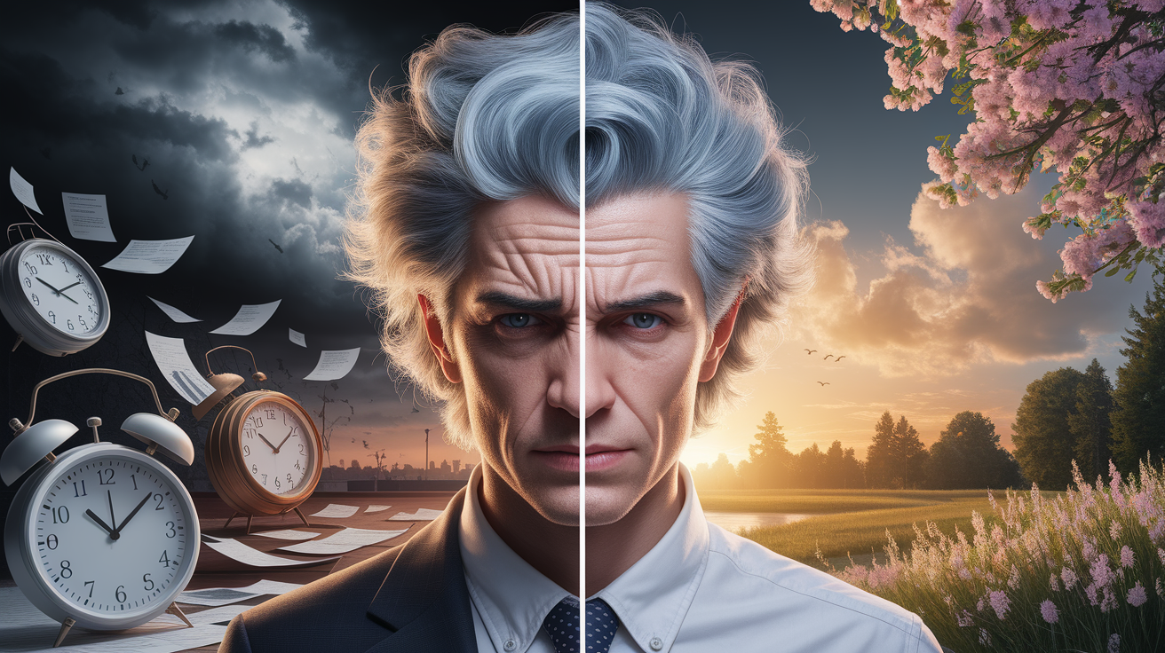 A conceptual illustration representing Stress and Gray Hair: Fact or Fiction?. Visualize the main ideas: . Creative but clear representation of the concept. Style: photorealistic. high quality, detailed, professional, clean composition, good lighting, sharp focus, well-composed. high quality, professional, detailed, well-composed
