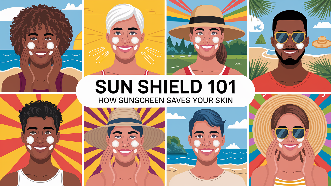 A conceptual illustration representing Sun Shield 101: How Sunscreen Saves Your Skin. Visualize the main ideas: . Creative but clear representation of the concept. Style: photorealistic. high quality, detailed, professional, clean composition, good lighting, sharp focus, well-composed. high quality, professional, detailed, well-composed