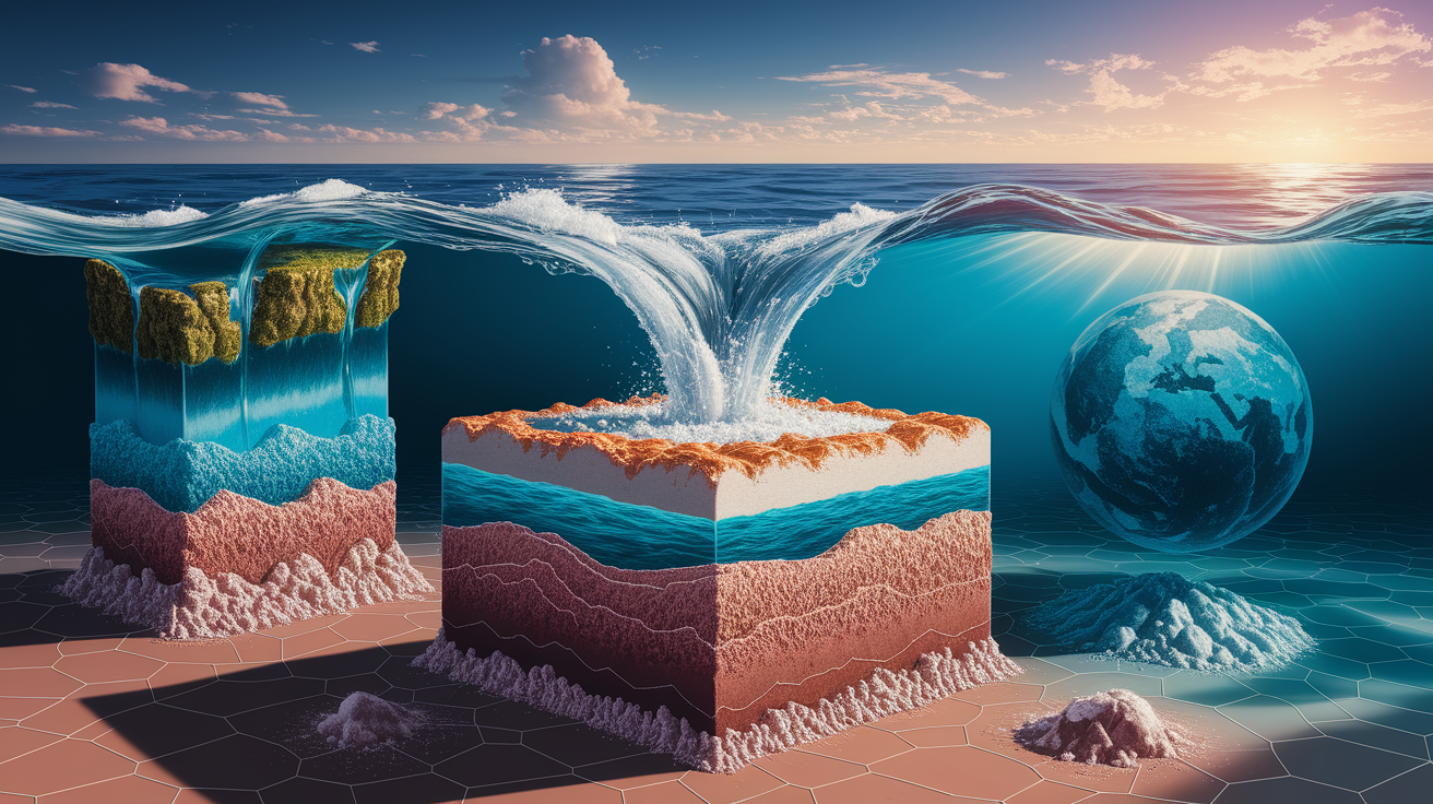 A conceptual illustration representing Why Salts Accumulate in Oceans. Visualize the main ideas: . Creative but clear representation of the concept. Style: photorealistic. high quality, detailed, professional, clean composition, good lighting, sharp focus, well-composed. high quality, professional, detailed, well-composed
