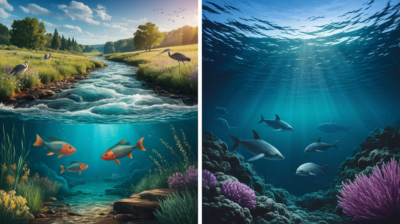 A side-by-side comparison visual for Rivers vs. Oceans: Why Freshwater Stays Fresh. Show contrasting elements: . Use clear visual separation, possibly with split-screen or before/after layout. Style: photorealistic. high quality, detailed, professional, clean composition, good lighting, sharp focus, well-composed. high quality, professional, detailed, well-composed