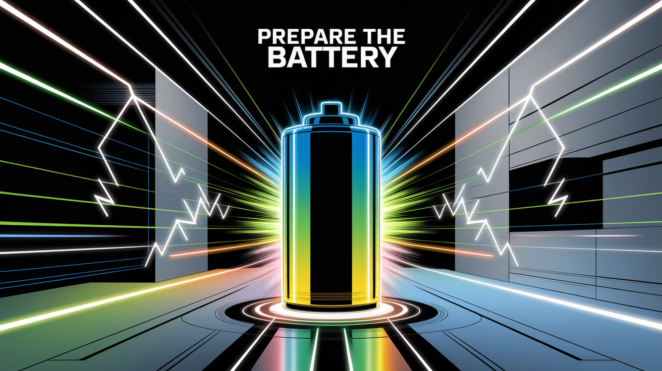 A conceptual illustration representing Prepare the Battery. Visualize the main ideas: . Creative but clear representation of the concept. Style: Visual Theme: Clean, modern aesthetic with high contrast and vibrant energy. Emphasize the intersect. high quality, detailed, professional, clean composition, good lighting, sharp focus, well-composed. high quality, professional, detailed, well-composed