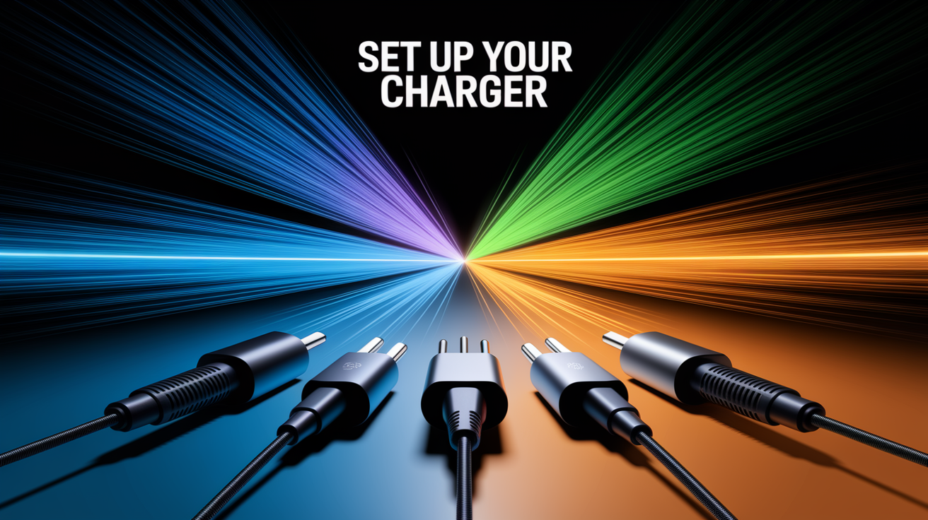 A conceptual illustration representing Set Up Your Charger. Visualize the main ideas: . Creative but clear representation of the concept. Style: Visual Theme: Clean, modern aesthetic with high contrast and vibrant energy. Emphasize the intersect. high quality, detailed, professional, clean composition, good lighting, sharp focus, well-composed. high quality, professional, detailed, well-composed