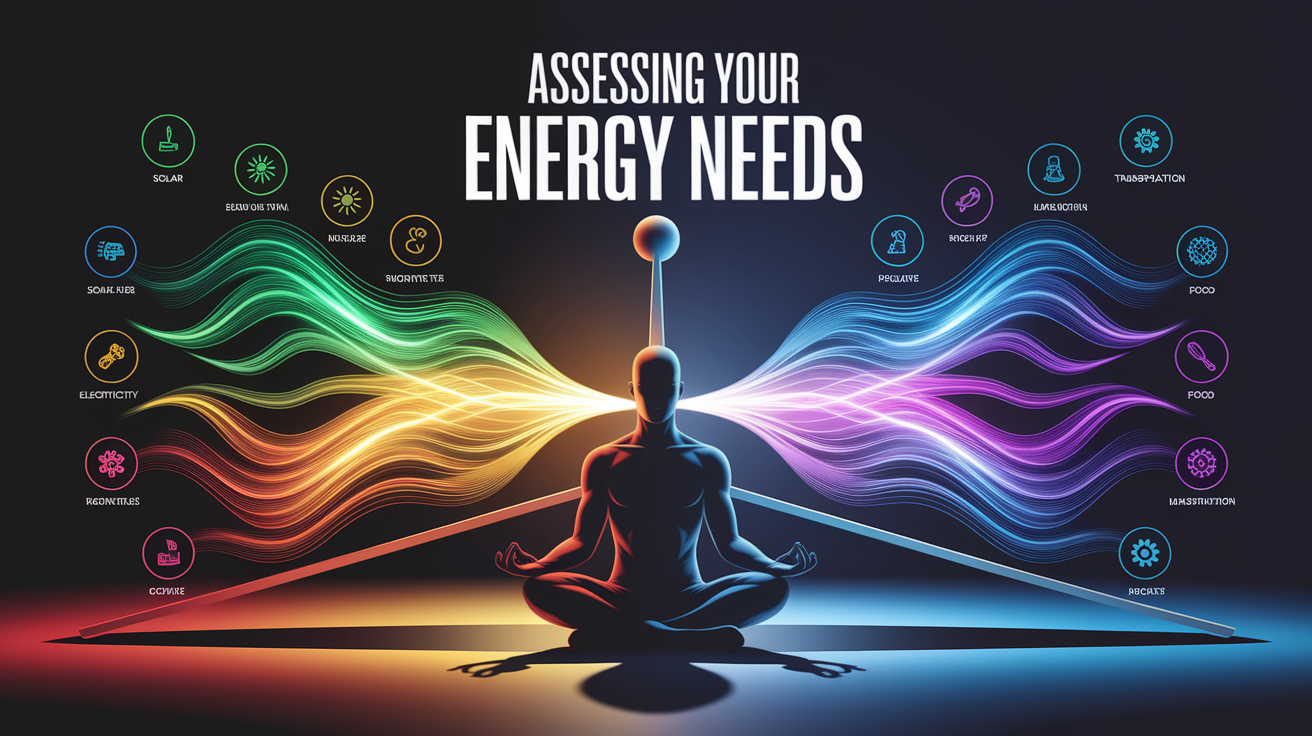 A conceptual illustration representing Assessing Your Energy Needs. Visualize the main ideas: . Creative but clear representation of the concept. Style: Visual Theme: Clean, modern aesthetic with high contrast and vibrant energy. Emphasize the intersect. high quality, detailed, professional, clean composition, good lighting, sharp focus, well-composed. high quality, professional, detailed, well-composed