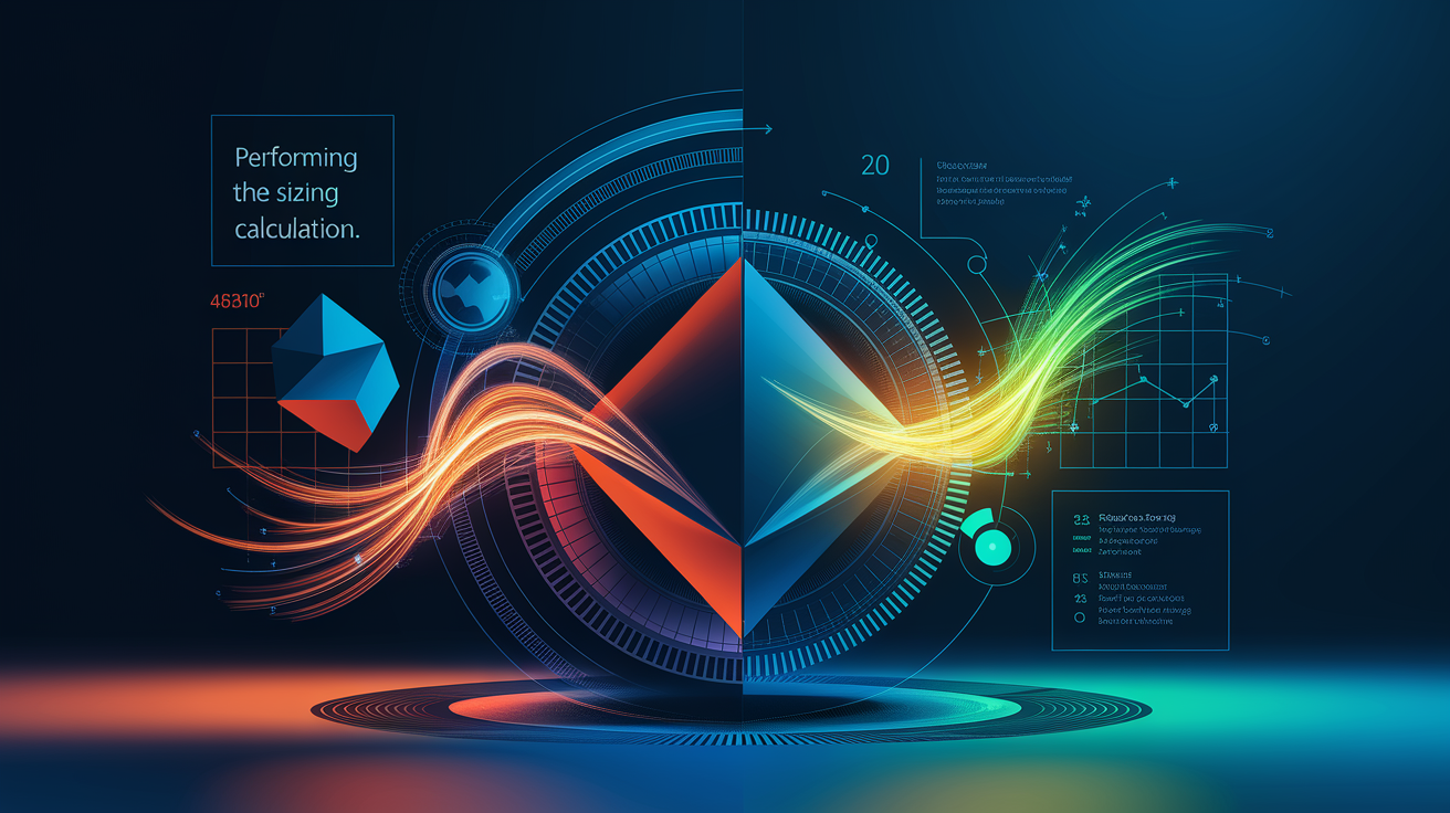 A conceptual illustration representing Performing the Sizing Calculation. Visualize the main ideas: . Creative but clear representation of the concept. Style: Visual Theme: Clean, modern aesthetic with high contrast and vibrant energy. Emphasize the intersect. high quality, detailed, professional, clean composition, good lighting, sharp focus, well-composed. high quality, professional, detailed, well-composed