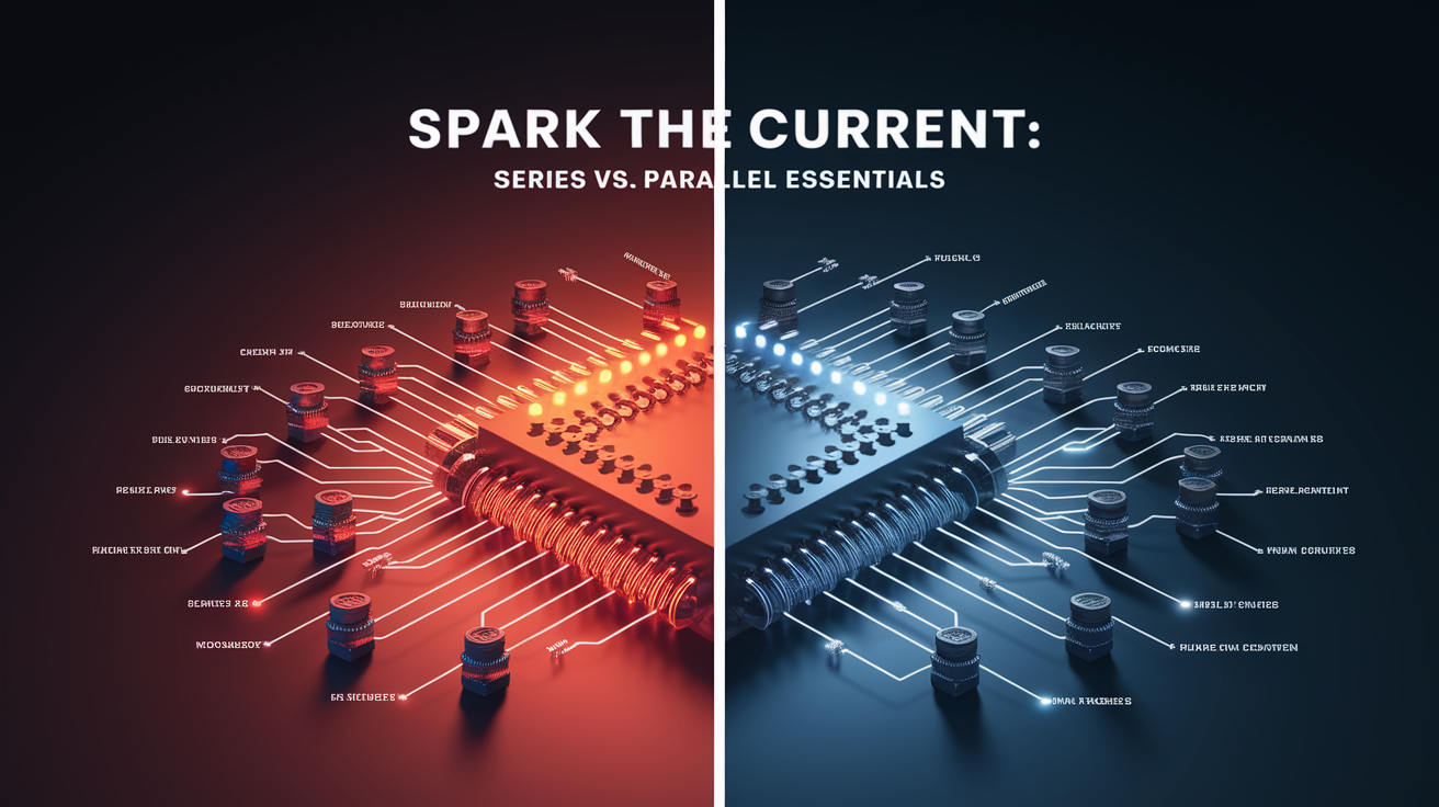 A side-by-side comparison visual for Spark the Current: Series vs. Parallel Essentials. Show contrasting elements: . Use clear visual separation, possibly with split-screen or before/after layout. Style: Visual Theme: Clean, modern aesthetic with high contrast and vibrant energy. Emphasize the intersect. high quality, detailed, professional, clean composition, good lighting, sharp focus, well-composed. high quality, professional, detailed, well-composed