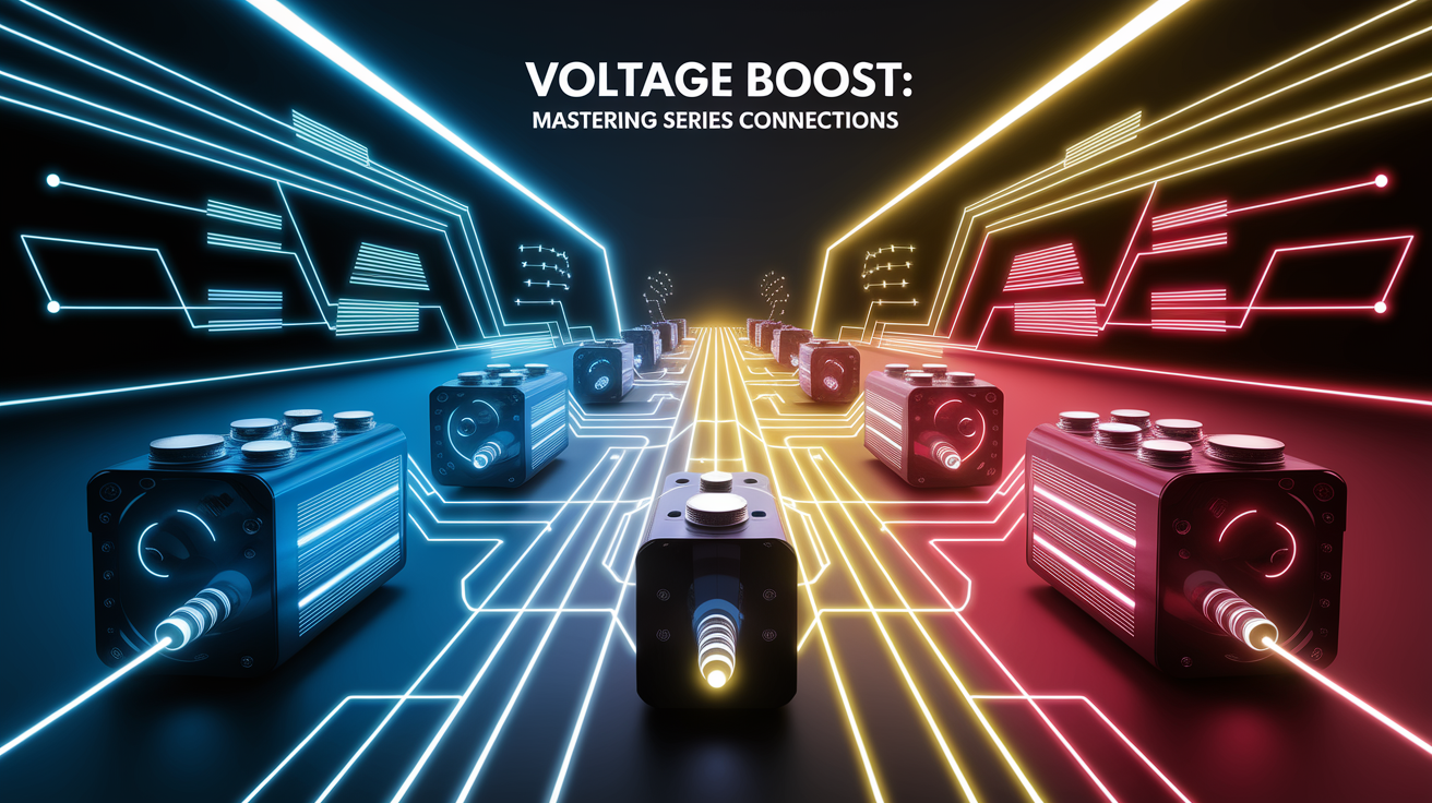 A conceptual illustration representing Voltage Boost: Mastering Series Connections. Visualize the main ideas: . Creative but clear representation of the concept. Style: Visual Theme: Clean, modern aesthetic with high contrast and vibrant energy. Emphasize the intersect. high quality, detailed, professional, clean composition, good lighting, sharp focus, well-composed. high quality, professional, detailed, well-composed
