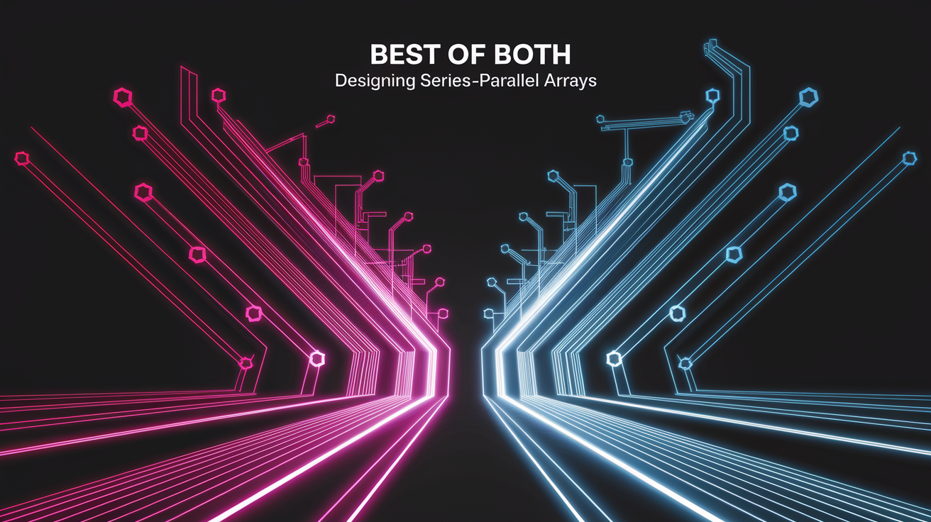 A conceptual illustration representing Best of Both: Designing Series-Parallel Arrays. Visualize the main ideas: . Creative but clear representation of the concept. Style: Visual Theme: Clean, modern aesthetic with high contrast and vibrant energy. Emphasize the intersect. high quality, detailed, professional, clean composition, good lighting, sharp focus, well-composed. high quality, professional, detailed, well-composed
