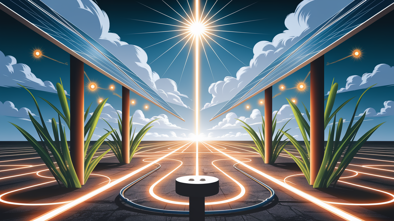 A conceptual illustration representing Grounding Fundamentals for Solar PV Systems. Visualize the main ideas: . Creative but clear representation of the concept. Style: Visual Theme: Clean, modern aesthetic with high contrast and vibrant energy. Emphasize the intersect. high quality, detailed, professional, clean composition, good lighting, sharp focus, well-composed. high quality, professional, detailed, well-composed