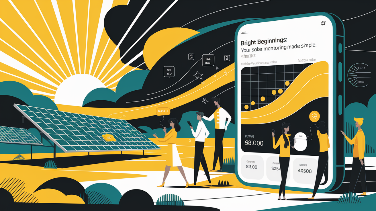 A conceptual illustration representing Bright Beginnings: Your Solar Monitoring Made Simple. Visualize the main ideas: . Creative but clear representation of the concept. Style: Visual Theme: Clean, modern aesthetic with high contrast and vibrant energy. Emphasize the intersect. high quality, detailed, professional, clean composition, good lighting, sharp focus, well-composed. high quality, professional, detailed, well-composed