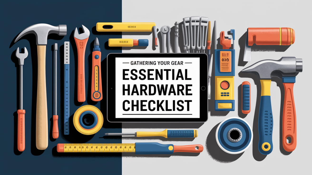 A conceptual illustration representing Gathering Your Gear: Essential Hardware Checklist. Visualize the main ideas: . Creative but clear representation of the concept. Style: Visual Theme: Clean, modern aesthetic with high contrast and vibrant energy. Emphasize the intersect. high quality, detailed, professional, clean composition, good lighting, sharp focus, well-composed. high quality, professional, detailed, well-composed