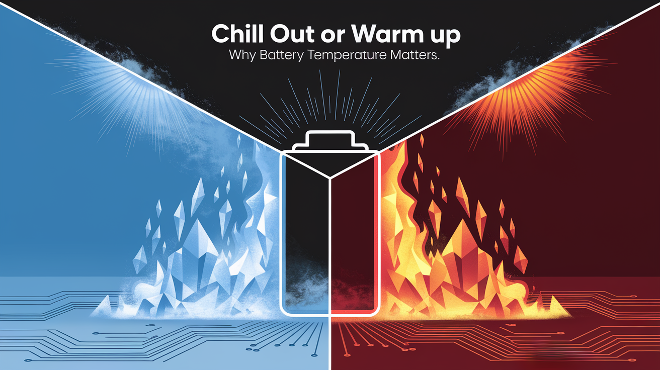 A conceptual illustration representing Chill Out or Warm Up: Why Battery Temperature Matters. Visualize the main ideas: . Creative but clear representation of the concept. Style: Visual Theme: Clean, modern aesthetic with high contrast and vibrant energy. Emphasize the intersect. high quality, detailed, professional, clean composition, good lighting, sharp focus, well-composed. high quality, professional, detailed, well-composed