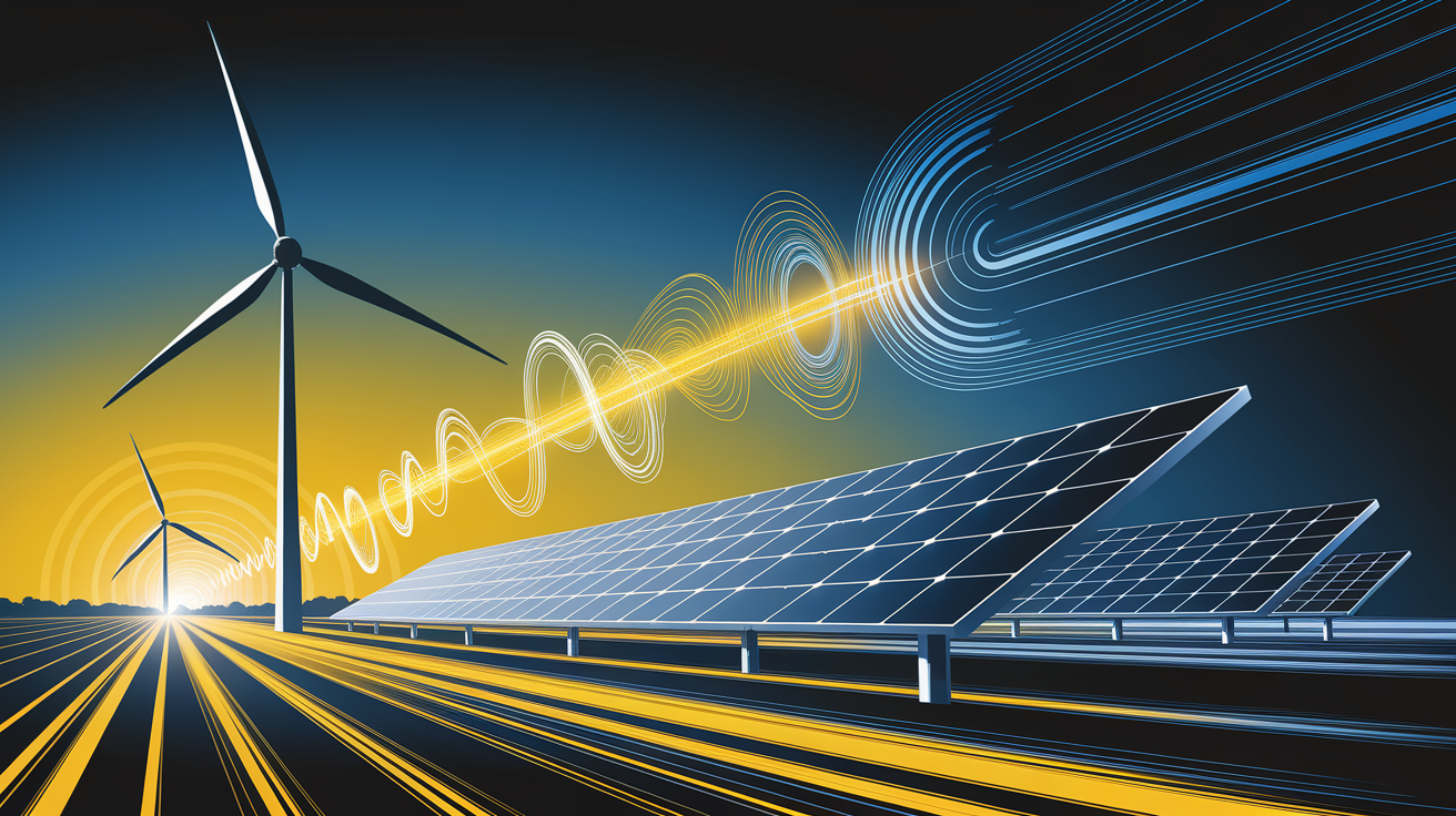 A conceptual illustration representing A Perfect Pair – Introduction to Wind-Solar Hybrid Systems. Visualize the main ideas: . Creative but clear representation of the concept. Style: Visual Theme: Clean, modern aesthetic with high contrast and vibrant energy. Emphasize the intersect. high quality, detailed, professional, clean composition, good lighting, sharp focus, well-composed. high quality, professional, detailed, well-composed
