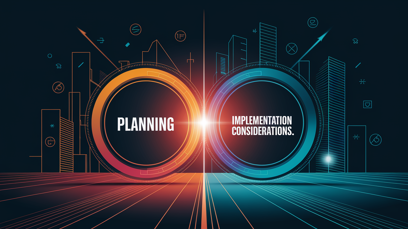 A conceptual illustration representing Planning and Implementation Considerations. Visualize the main ideas: . Creative but clear representation of the concept. Style: Visual Theme: Clean, modern aesthetic with high contrast and vibrant energy. Emphasize the intersect. high quality, detailed, professional, clean composition, good lighting, sharp focus, well-composed. high quality, professional, detailed, well-composed