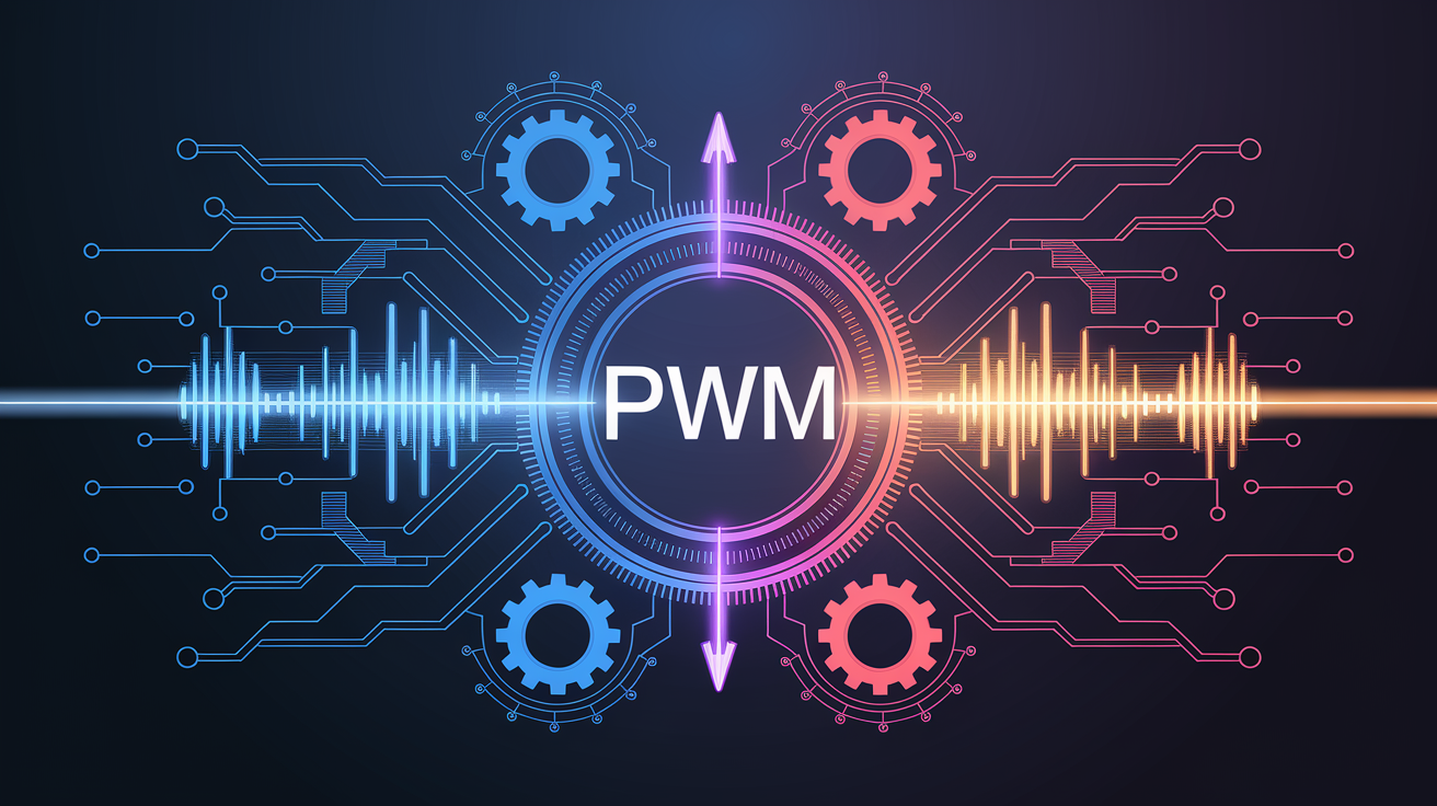 A conceptual illustration representing Understanding PWM Controllers. Visualize the main ideas: . Creative but clear representation of the concept. Style: Visual Theme: Clean, modern aesthetic with high contrast and vibrant energy. Emphasize the intersect. high quality, detailed, professional, clean composition, good lighting, sharp focus, well-composed. high quality, professional, detailed, well-composed
