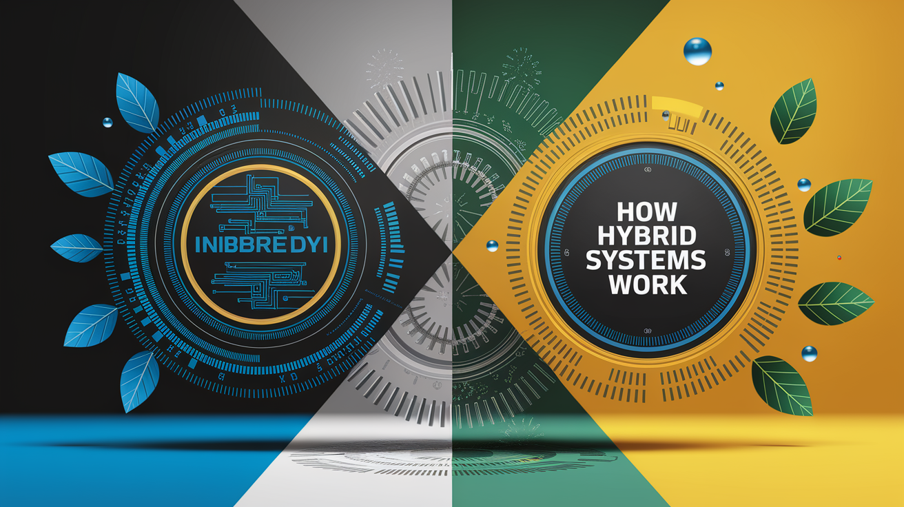 A conceptual illustration representing How Hybrid Systems Work. Visualize the main ideas: . Creative but clear representation of the concept. Style: Visual Theme: Clean, modern aesthetic with high contrast and vibrant energy. Emphasize the intersect. high quality, detailed, professional, clean composition, good lighting, sharp focus, well-composed. high quality, professional, detailed, well-composed