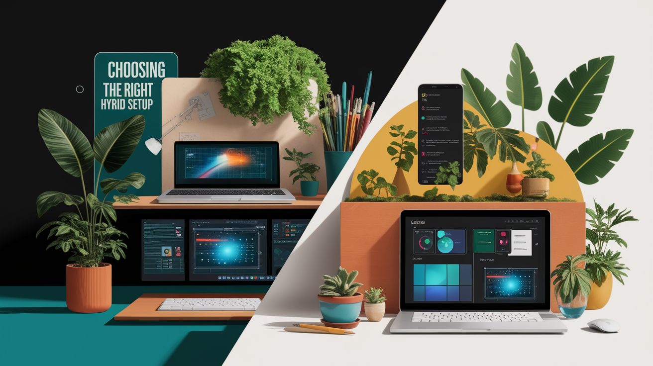 A conceptual illustration representing Choosing the Right Hybrid Setup. Visualize the main ideas: . Creative but clear representation of the concept. Style: Visual Theme: Clean, modern aesthetic with high contrast and vibrant energy. Emphasize the intersect. high quality, detailed, professional, clean composition, good lighting, sharp focus, well-composed. high quality, professional, detailed, well-composed