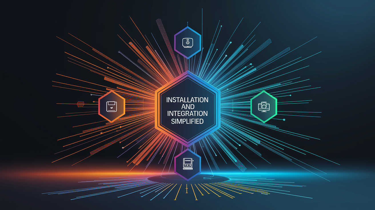 A conceptual illustration representing Installation and Integration Simplified. Visualize the main ideas: . Creative but clear representation of the concept. Style: Visual Theme: Clean, modern aesthetic with high contrast and vibrant energy. Emphasize the intersect. high quality, detailed, professional, clean composition, good lighting, sharp focus, well-composed. high quality, professional, detailed, well-composed