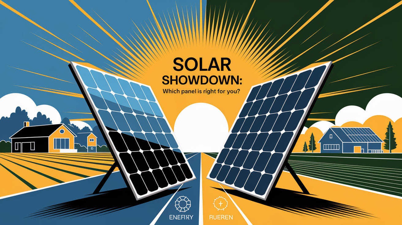 A conceptual illustration representing Solar Showdown: Which Panel is Right for You?. Visualize the main ideas: . Creative but clear representation of the concept. Style: Visual Theme: Clean, modern aesthetic with high contrast and vibrant energy. Emphasize the intersect. high quality, detailed, professional, clean composition, good lighting, sharp focus, well-composed. high quality, professional, detailed, well-composed