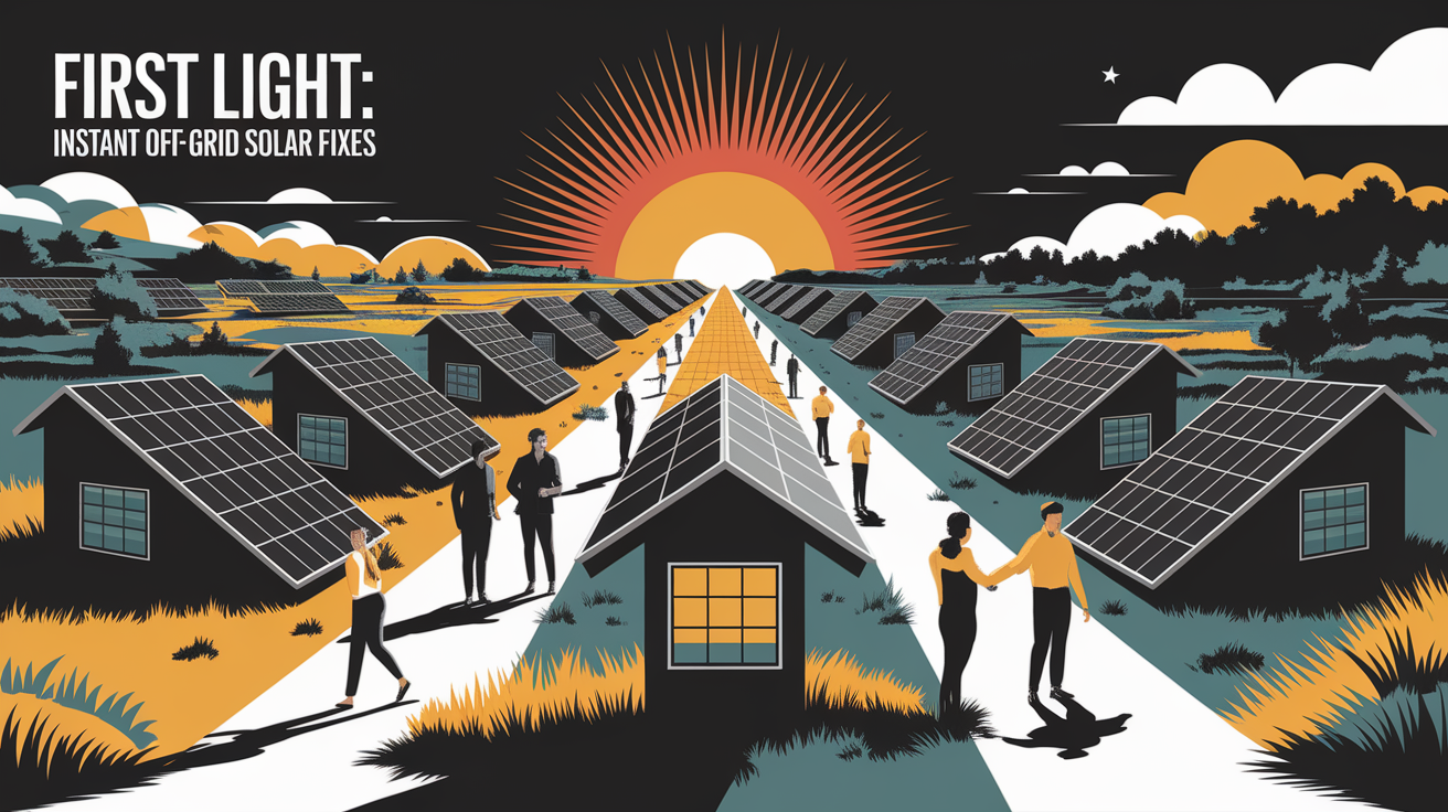 A conceptual illustration representing First Light: Instant Off-Grid Solar Fixes. Visualize the main ideas: . Creative but clear representation of the concept. Style: Visual Theme: Clean, modern aesthetic with high contrast and vibrant energy. Emphasize the intersect. high quality, detailed, professional, clean composition, good lighting, sharp focus, well-composed. high quality, professional, detailed, well-composed