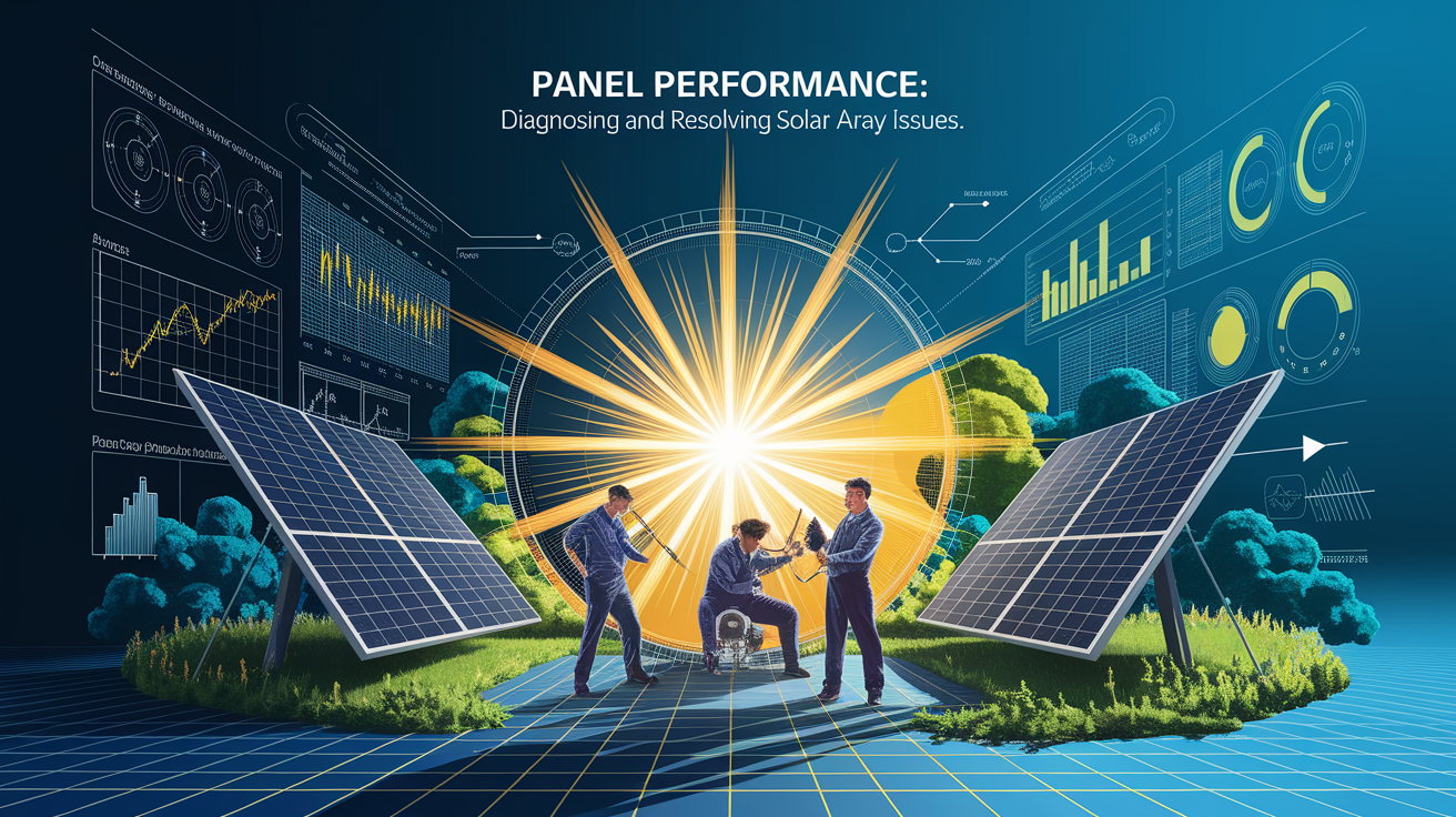 A conceptual illustration representing Panel Performance: Diagnosing and Resolving Solar Array Issues. Visualize the main ideas: . Creative but clear representation of the concept. Style: Visual Theme: Clean, modern aesthetic with high contrast and vibrant energy. Emphasize the intersect. high quality, detailed, professional, clean composition, good lighting, sharp focus, well-composed. high quality, professional, detailed, well-composed