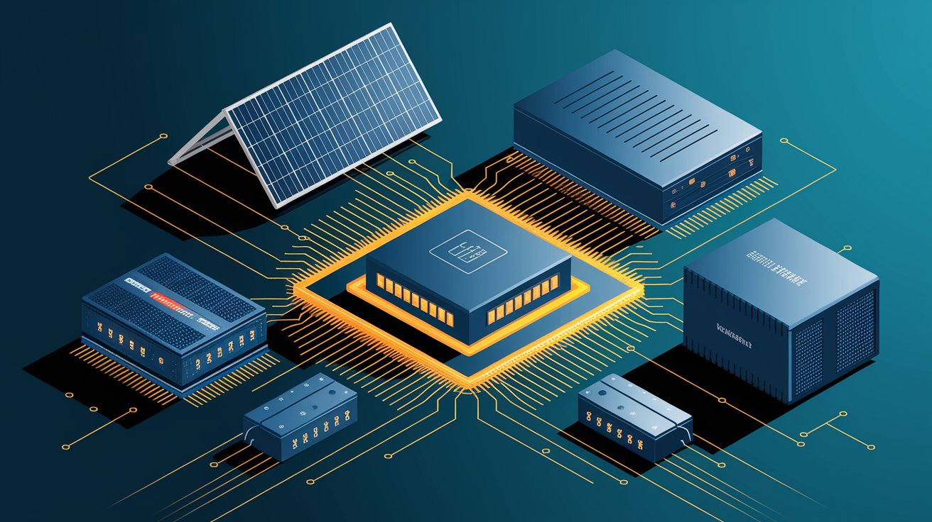 A conceptual illustration representing Charge Controllers and Inverters: Ensuring Proper Operation. Visualize the main ideas: . Creative but clear representation of the concept. Style: Visual Theme: Clean, modern aesthetic with high contrast and vibrant energy. Emphasize the intersect. high quality, detailed, professional, clean composition, good lighting, sharp focus, well-composed. high quality, professional, detailed, well-composed