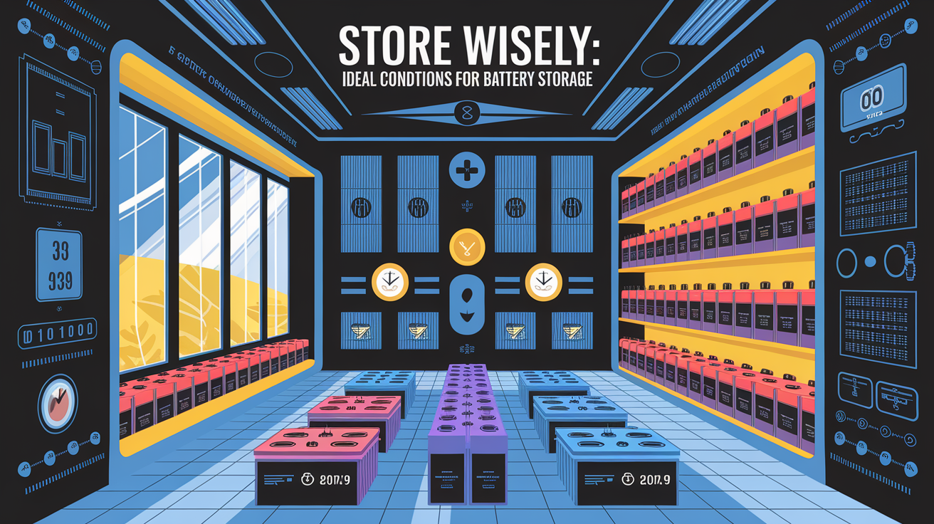 A conceptual illustration representing Store Wisely: Ideal Conditions for Battery Storage. Visualize the main ideas: . Creative but clear representation of the concept. Style: Visual Theme: Clean, modern aesthetic with high contrast and vibrant energy. Emphasize the intersect. high quality, detailed, professional, clean composition, good lighting, sharp focus, well-composed. high quality, professional, detailed, well-composed