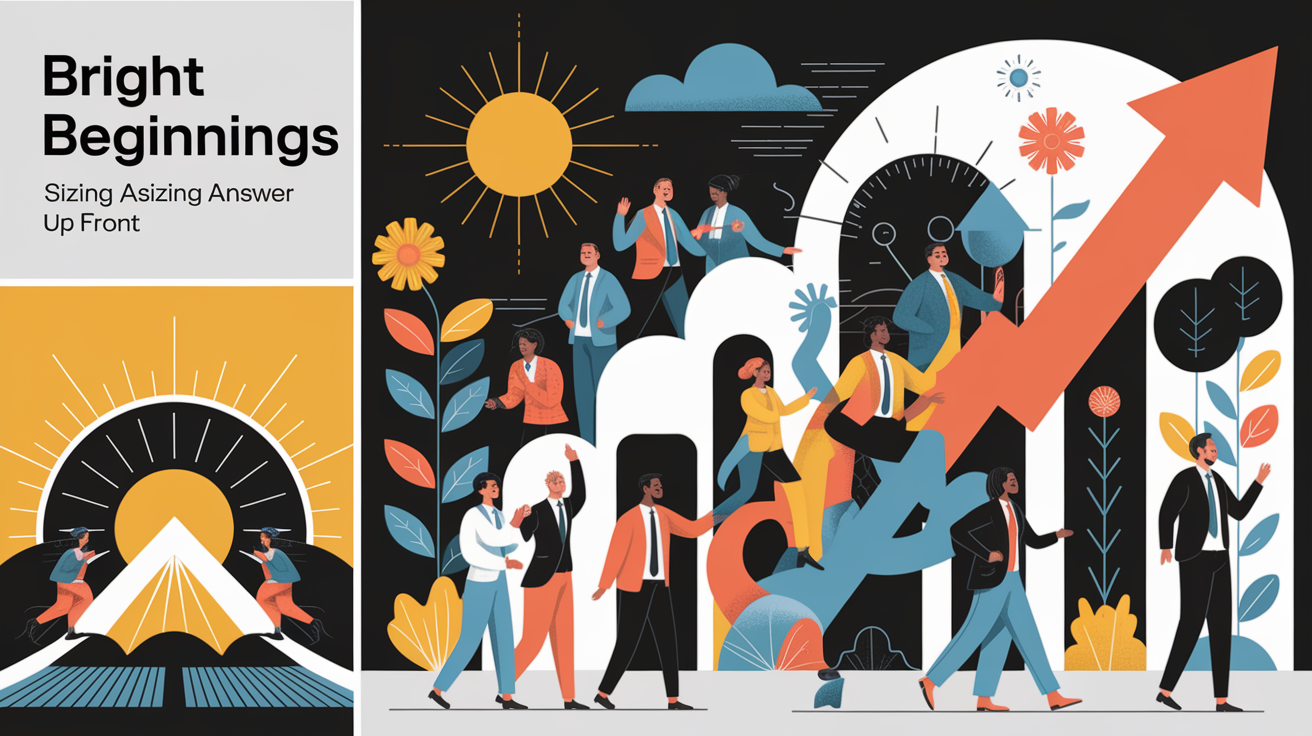 A conceptual illustration representing Bright Beginnings â€” Sizing Answer Up Front. Visualize the main ideas: . Creative but clear representation of the concept. Style: Visual Theme: Clean, modern aesthetic with high contrast and vibrant energy. Emphasize the intersect. high quality, detailed, professional, clean composition, good lighting, sharp focus, well-composed. high quality, professional, detailed, well-composed