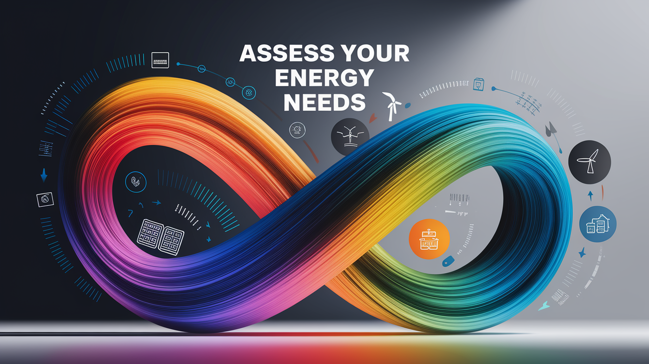A conceptual illustration representing Assess Your Energy Needs. Visualize the main ideas: . Creative but clear representation of the concept. Style: Visual Theme: Clean, modern aesthetic with high contrast and vibrant energy. Emphasize the intersect. high quality, detailed, professional, clean composition, good lighting, sharp focus, well-composed. high quality, professional, detailed, well-composed