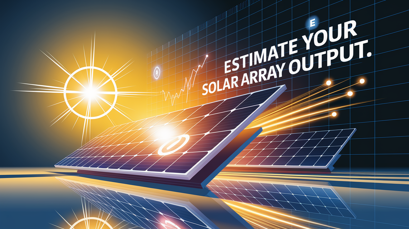 A conceptual illustration representing Estimate Your Solar Array Output. Visualize the main ideas: . Creative but clear representation of the concept. Style: Visual Theme: Clean, modern aesthetic with high contrast and vibrant energy. Emphasize the intersect. high quality, detailed, professional, clean composition, good lighting, sharp focus, well-composed. high quality, professional, detailed, well-composed