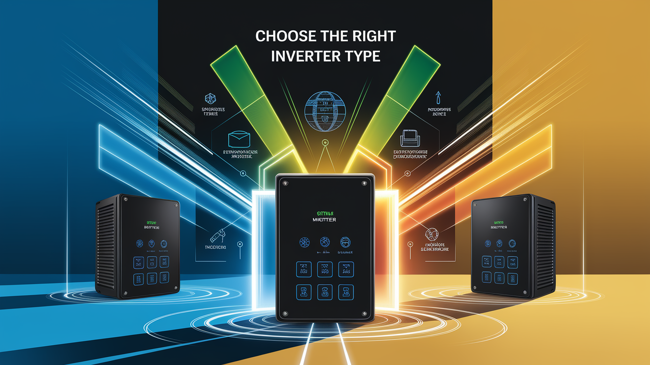 A conceptual illustration representing Choose the Right Inverter Type. Visualize the main ideas: . Creative but clear representation of the concept. Style: Visual Theme: Clean, modern aesthetic with high contrast and vibrant energy. Emphasize the intersect. high quality, detailed, professional, clean composition, good lighting, sharp focus, well-composed. high quality, professional, detailed, well-composed