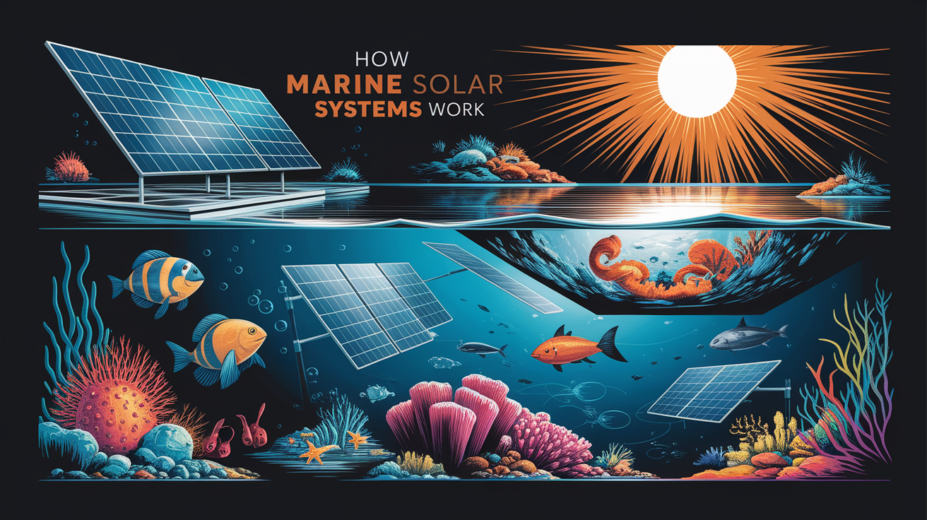 A conceptual illustration representing How Marine Solar Systems Work. Visualize the main ideas: . Creative but clear representation of the concept. Style: Visual Theme: Clean, modern aesthetic with high contrast and vibrant energy. Emphasize the intersect. high quality, detailed, professional, clean composition, good lighting, sharp focus, well-composed. high quality, professional, detailed, well-composed