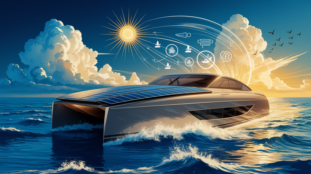 A conceptual illustration representing Benefits of Solar Power on Boats. Visualize the main ideas: . Creative but clear representation of the concept. Style: Visual Theme: Clean, modern aesthetic with high contrast and vibrant energy. Emphasize the intersect. high quality, detailed, professional, clean composition, good lighting, sharp focus, well-composed. high quality, professional, detailed, well-composed