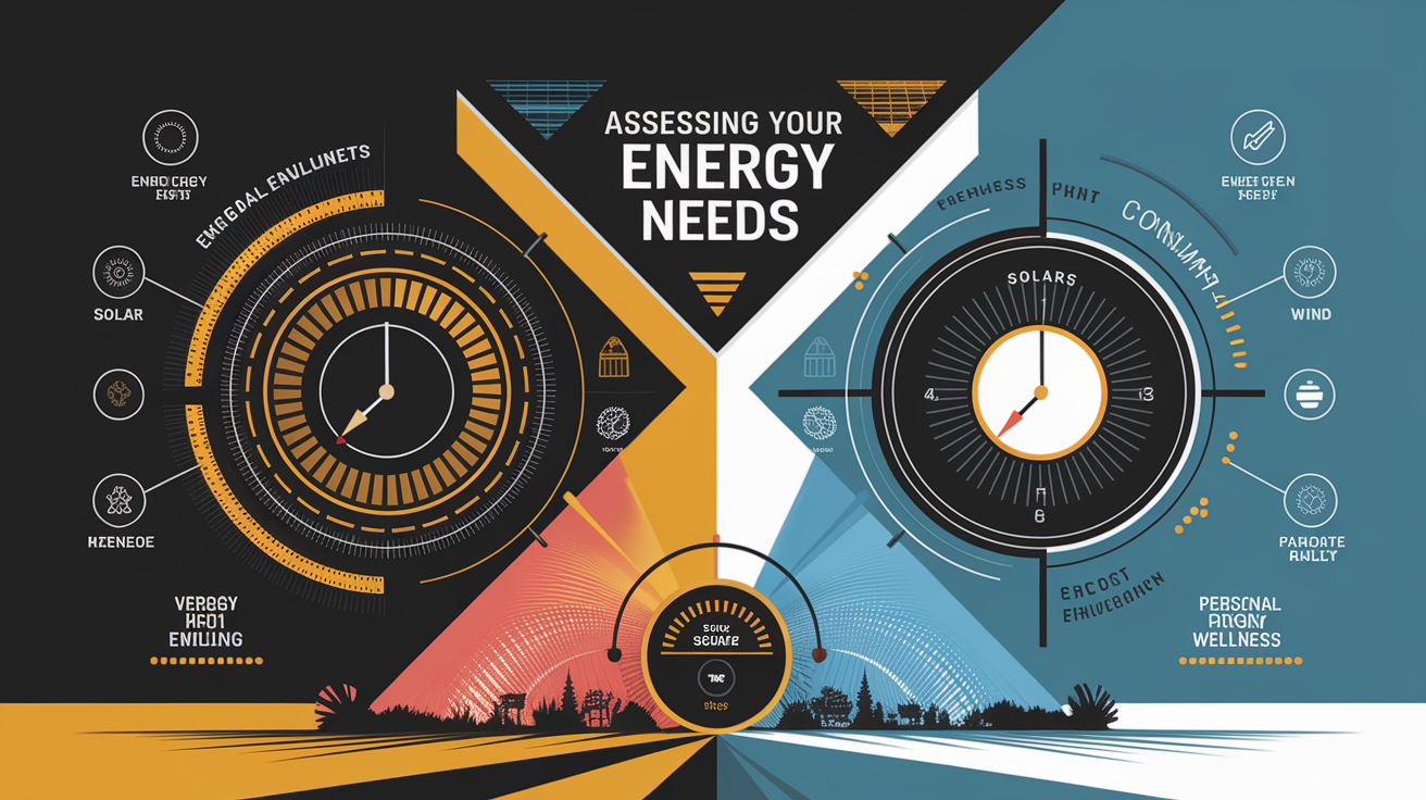 A conceptual illustration representing Assessing Your Energy Needs. Visualize the main ideas: . Creative but clear representation of the concept. Style: Visual Theme: Clean, modern aesthetic with high contrast and vibrant energy. Emphasize the intersect. high quality, detailed, professional, clean composition, good lighting, sharp focus, well-composed. high quality, professional, detailed, well-composed